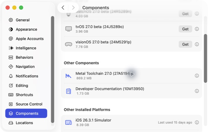 Mac mini 的 Xcode Components 页面，显示 iOS 26.3.1 Simulator、Metal Toolchain 和开发者文档组件容量